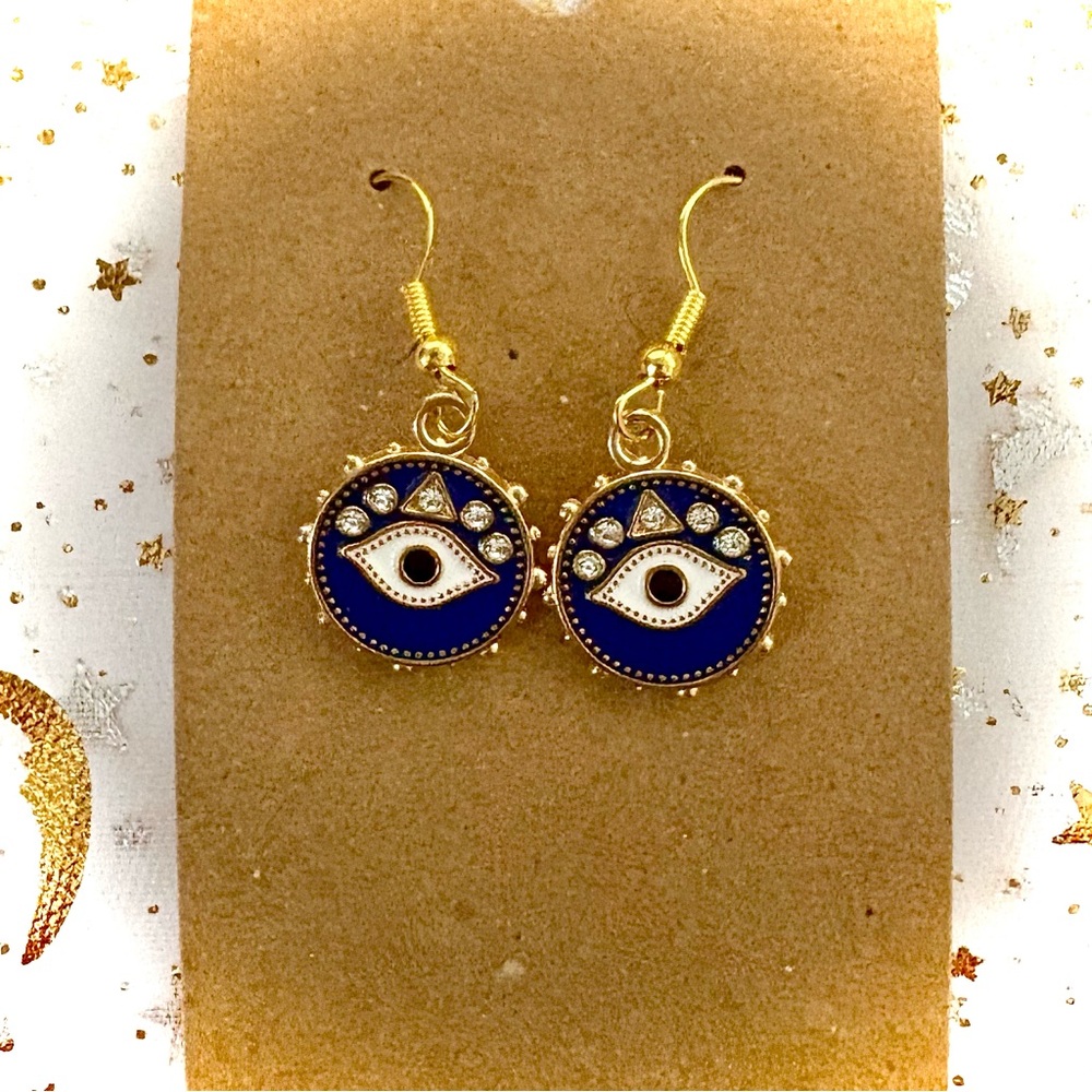 Mystic Gold and Blue CZ Evil Eye Earrings